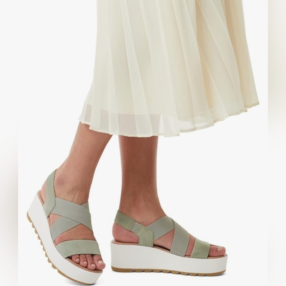 SOREL Cameron Flatform Slingback‎ Suede/Fabric Sandals-Chrome Grey/Chalk Size 8